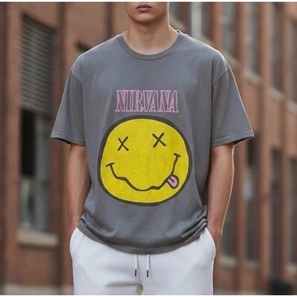 Official Adult M NIRVANA Smiley Face T-Shirt Gray Pink Grunge Kurt Cobain